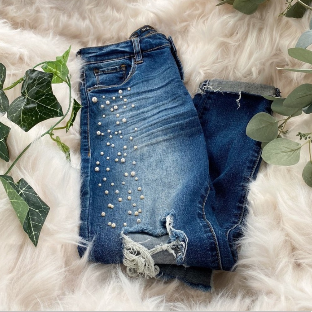 STS Blue distressed pearl embellished skinny jeans